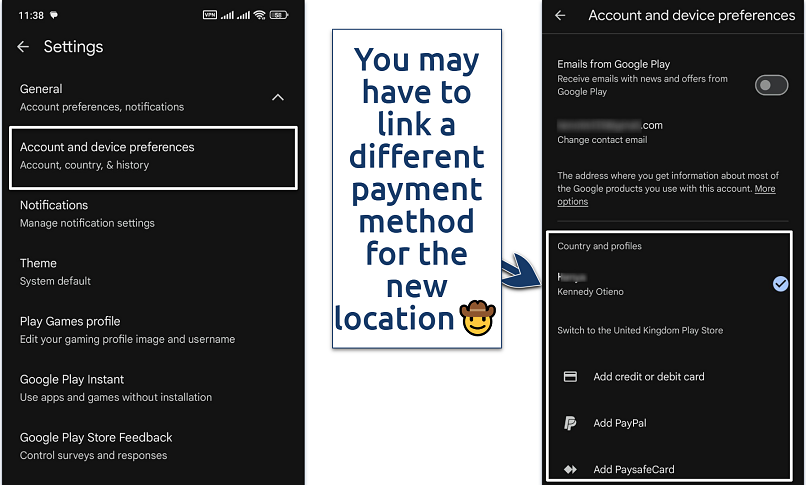 Screenshots showing where to change Google Play Store country