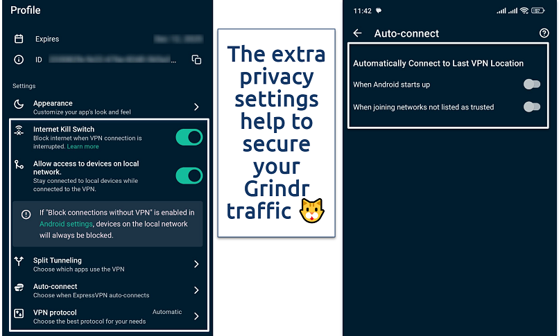  Screenshots showing kill switch and other security settings on VPN