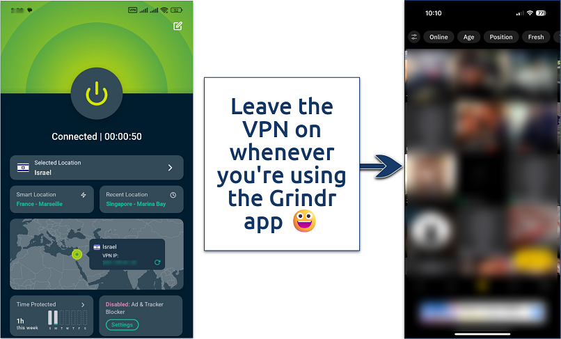 Screenshots showing VPN connected and Grindr app running