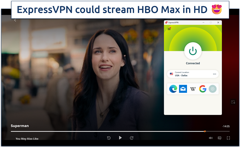 Screenshot of Superman 2025 streaming on the HBO Max player while connected to ExpressVPN's Dallas server