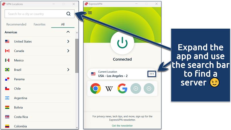 Screenshots of the ExpressVPN app for Windows connected to the USA – Los Angeles server, with the server location menu open