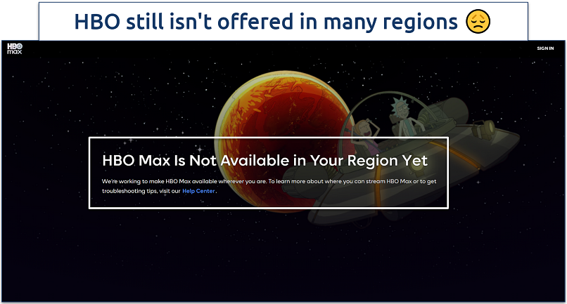 Screenshot of the HBO Max region blocked page