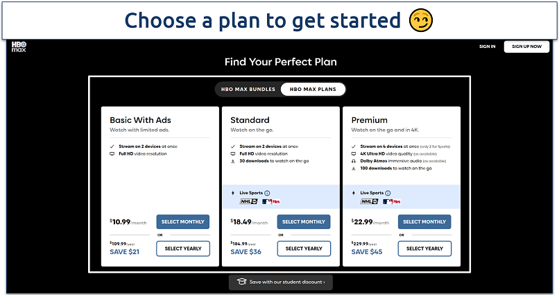 Screenshot of the HBO Max pricing page with the different plans