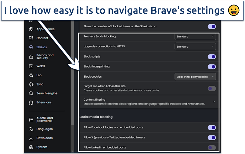 Image displaying the settings page of Brave Browser with Shields options opened
