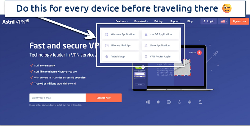 Screenshot of the Astrill VPN downloads menu