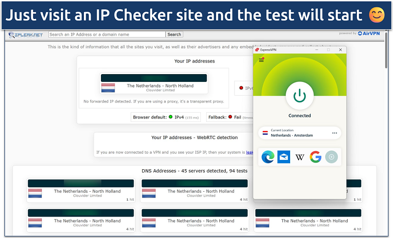 Screenshot of a test done on ipleak.net while connected to ExpressVPN's Amsterdam server