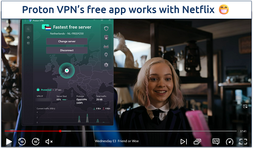 Screenshot of Proton VPN's free app connected to NL Free#250 while streaming Wednesday on Netflix