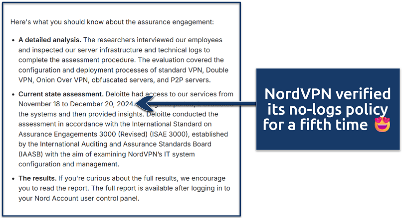 Screenshot of NordVPN's statement about its 2024 audit