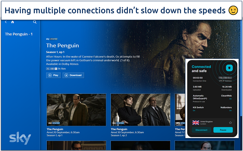 Screenshot of the Sky Go website with an active Surfshark connection to the United Kingdom, London server