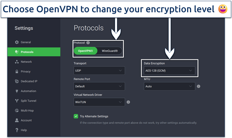 Screenshot of the PIA Windows app with its Protocols settings interface
