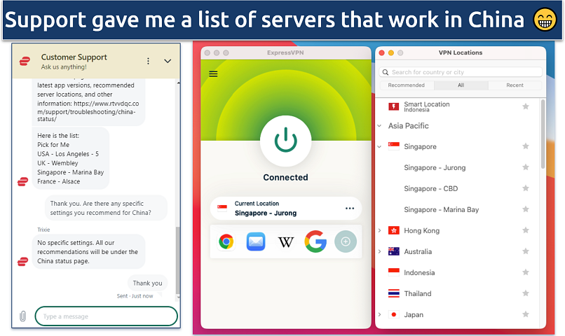 Screenshot of ExpressVPN's macOS app, and a live chat conversation regarding recommended servers for China