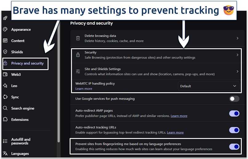 Screenshot of the Brave browser’s Privacy and Security settings