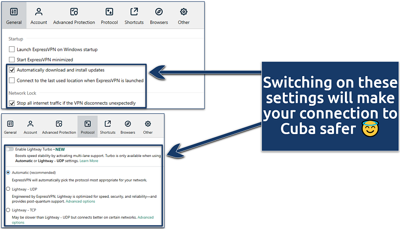 Screenshots of ExpressVPN’s VPN settings