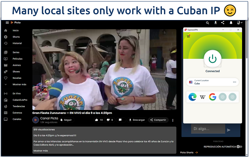 Screenshot of streaming on Picta while connected to ExpressVPN's Cuba server