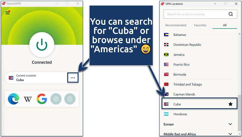 Screenshots of ExpressVPN's Windows app with an active connection to its Cuba server