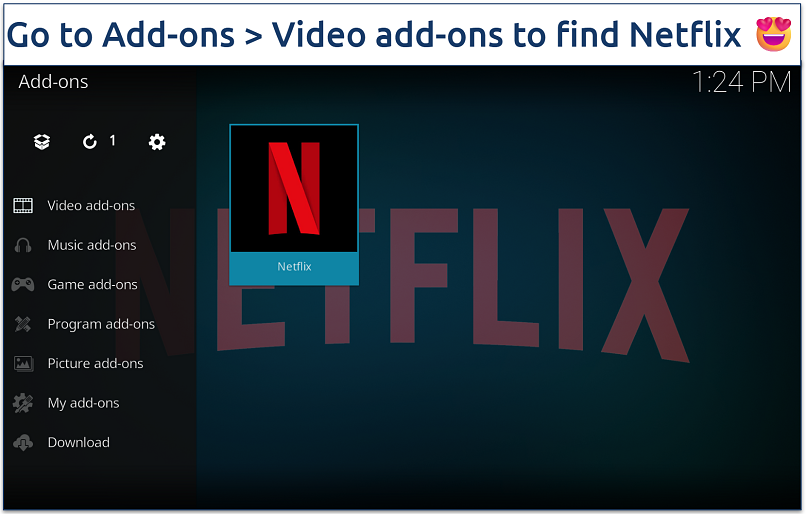 Screenshot of the Kodi Video add-ons panel with the Netflix tile highlighted