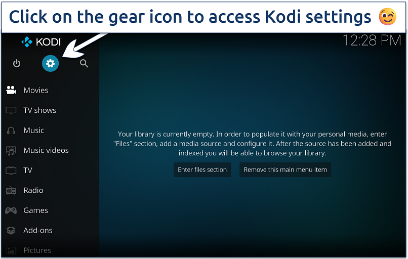 Screenshot of the Kodi interface with its settings button highlighted