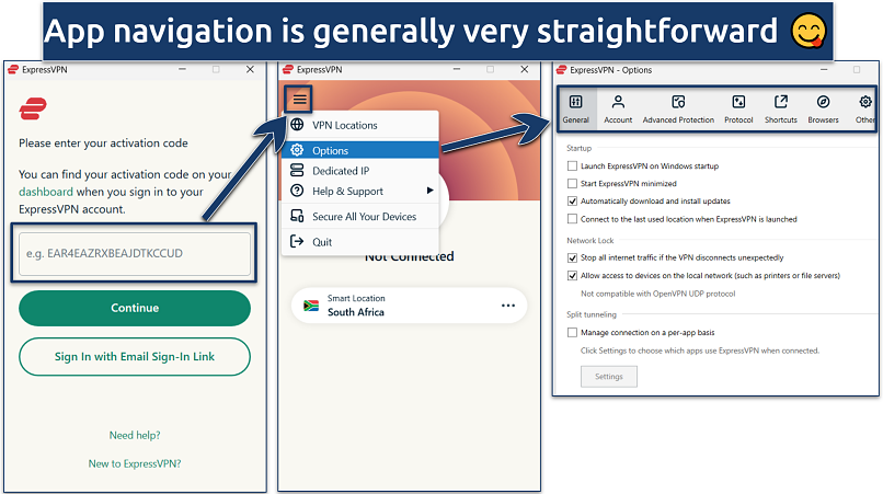 Screenshots of the ExpressVPN Windows app with its settings navigation