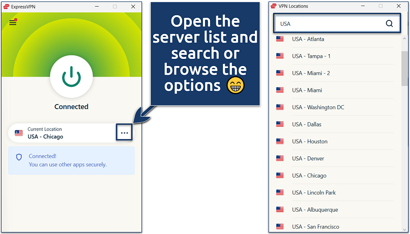 Screenshots of the ExpressVPN Windows app with its server selection