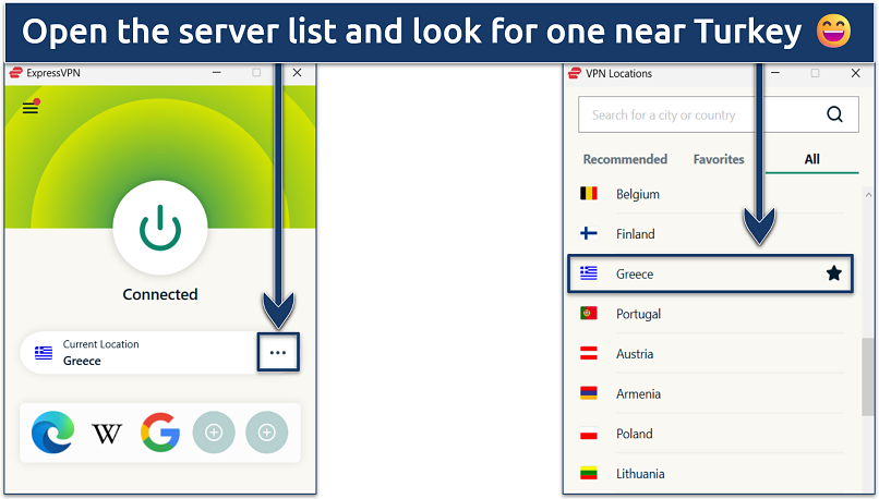 Screenshots of the ExpressVPN app with its server selection process