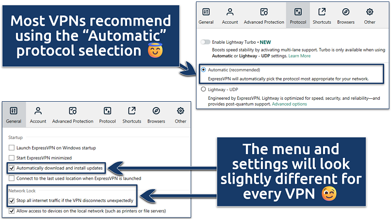 Screenshots of the ExpressVPN's desktop app settings