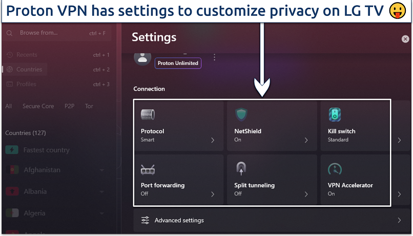 A screenshot of Proton VPN connection and security settings